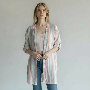 Pastel Stripe Open Front Knit Longline Semi Sheer Fall Layers Women Size 3X Club